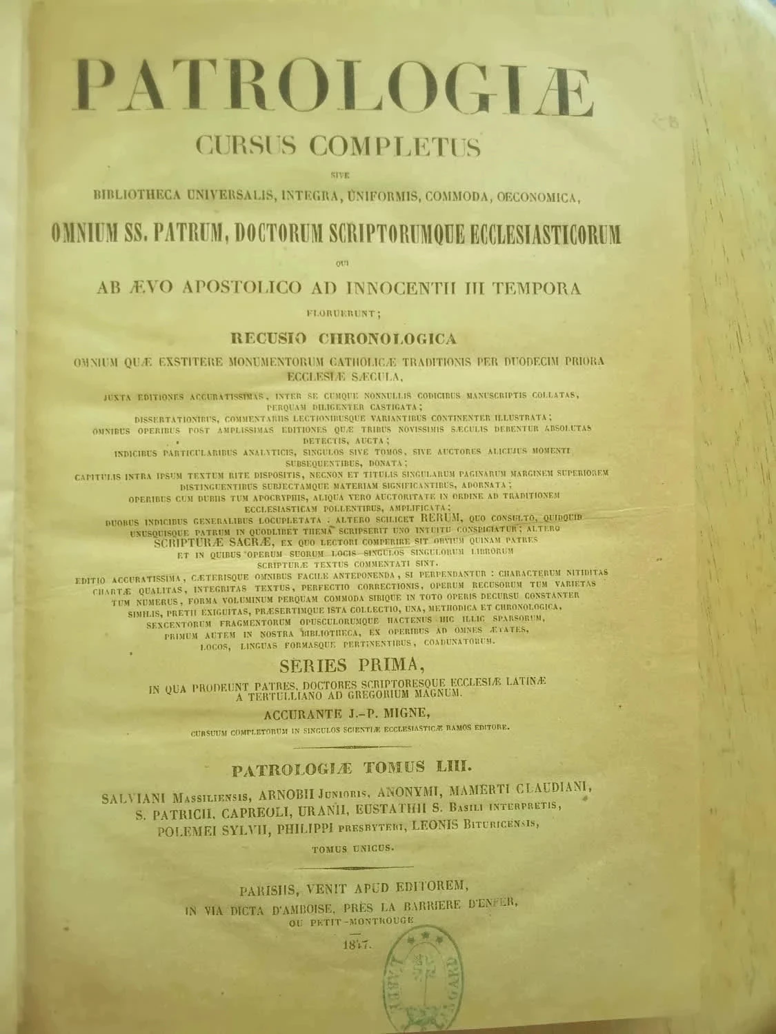 Patrologiae Cursus Completus, Series Prima, Tomus Liii (Unicus)